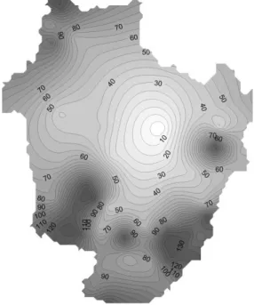 1. ábra: Debrecen autóbusszal való elérési idejének alakulása  2010-ben, izokron térképpel szemléltetve, perc 