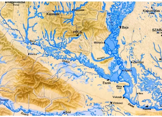 4. ábra Az Ormánság vízborított (sötétkék) és árvízjárta (világoskék) területei a  lecsapoló és árvízmentesítő munkálatok megkezdése előtt 