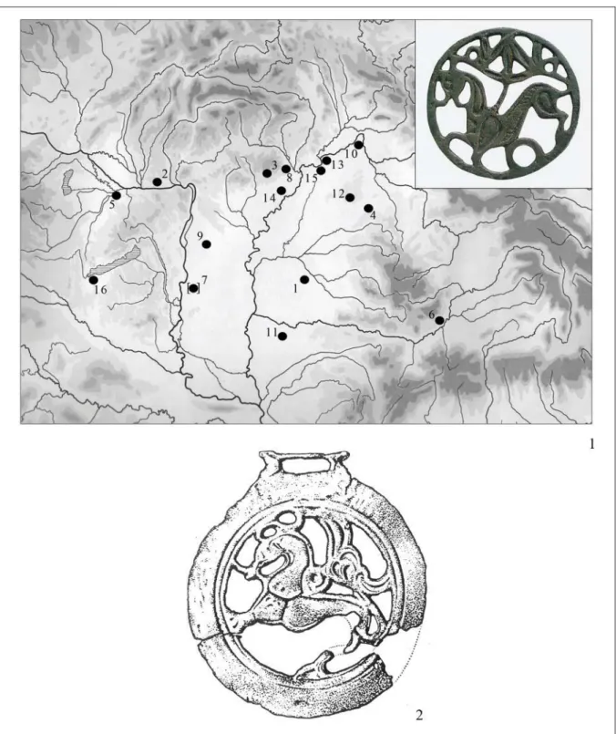 6. kép: 1: Palmettát és mitikus állatalakot ábrázoló, áttört hajfonatkorongok lelĘhelyei: 1: Békéscsaba-Erzsébethely; 2: 