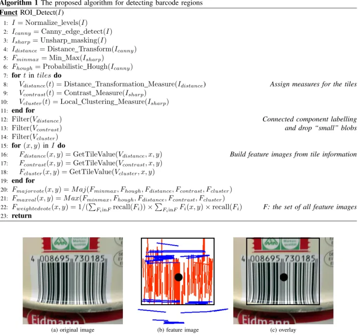 Figure 2: Canny edge detector with Probabilistic Hough transform. In (b), detected lines that are part of a barcode-like cluster are shown in red while the other detected lines are shown in blue