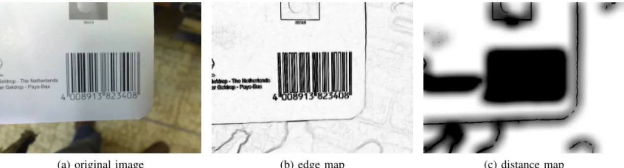 Figure 3: Canny edge map (b) and distance map (c) of a real-life example image (a). Barcodes have compact dark areas.