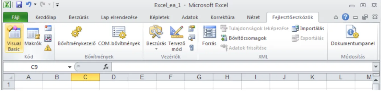 Alapértelmezésben az Excel menüszalagján nem látható a Fejleszt˝ oeszközök lap (lásd 1.8