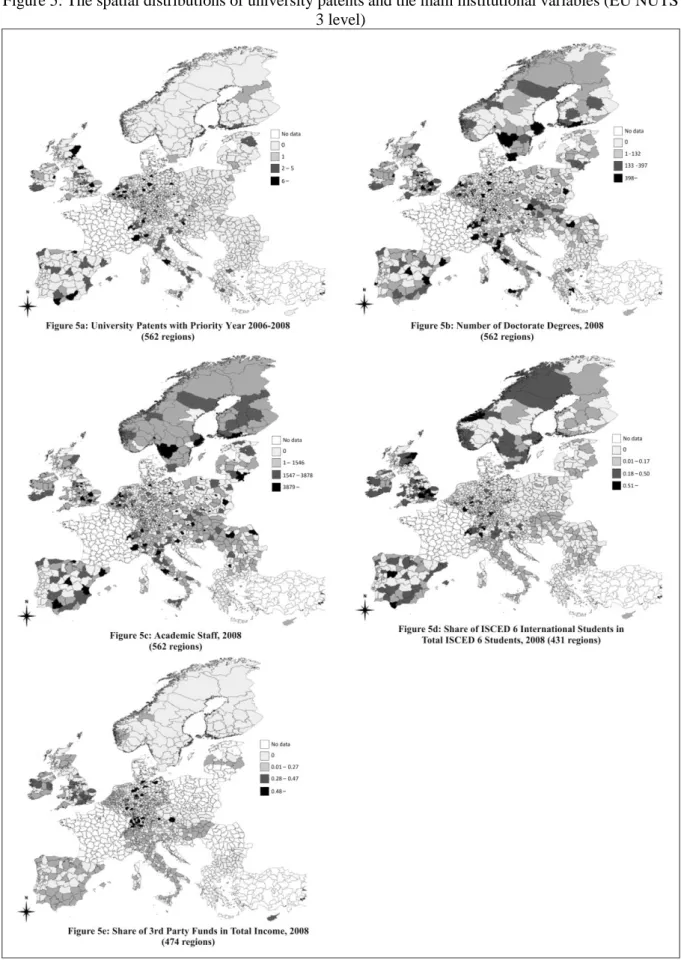 Figure 5: The spatial distributions of university patents and the main institutional variables (EU NUTS  3 level) 