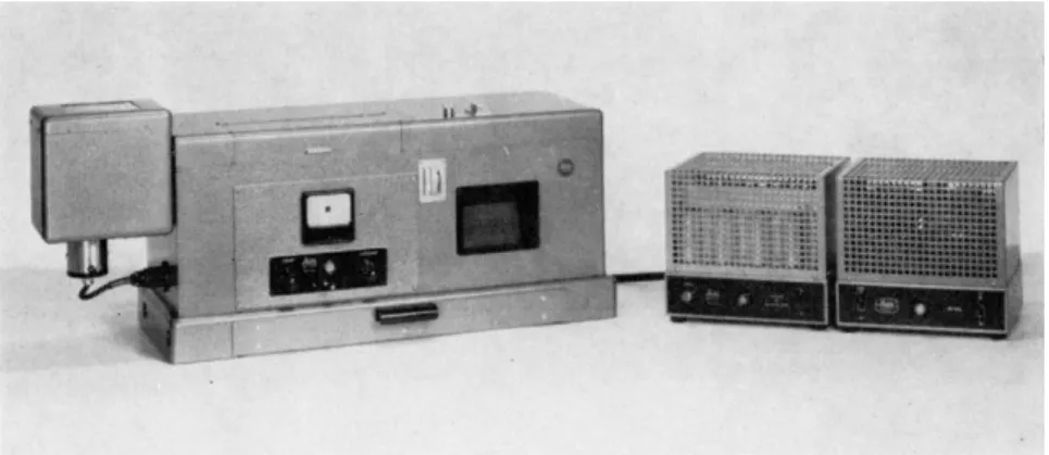 Abb. 2.—E-Polarimeter mit beiden Netzgeraten. Am Gehause, links oberhalb der Pro- Pro-jektionsskala, Grob- und Feintrieb fiir Drehung des Glan-Thompson-Prismas