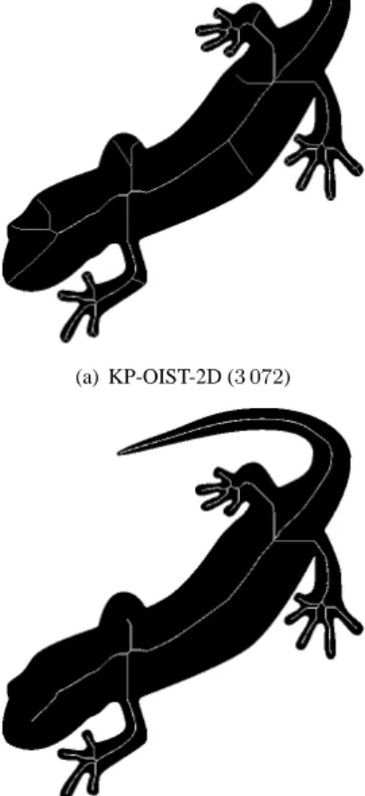 Figure 6. A 100 × 50 × 50 image of a capsule (a), its me- me-dial surface produced by algorithm KP-OIST-3D presented in [5] (b) and the same results of our new algorithms  KP-OIST-I S3 and KP-OIST-I C 3 (c)