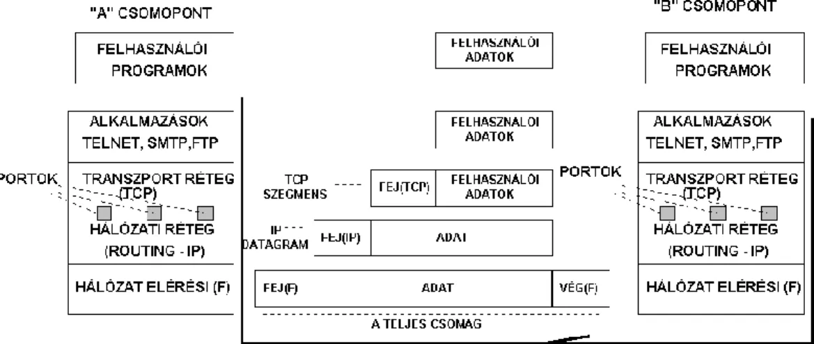 45. ábra: A TCP/IP csomópontok közti információáramlás  3.8.1. Az Internet szállítási rétege: a TCP 