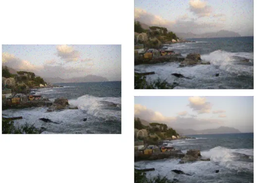 4.6. ábra. Bal : kép impulzus zajjal terhelve ; Jobb fent : a zajos kép lineáris diffúziós változata (3x3-mas doboz szűrő) ; Jobb lent : a zajos kép médián szűrt változata.