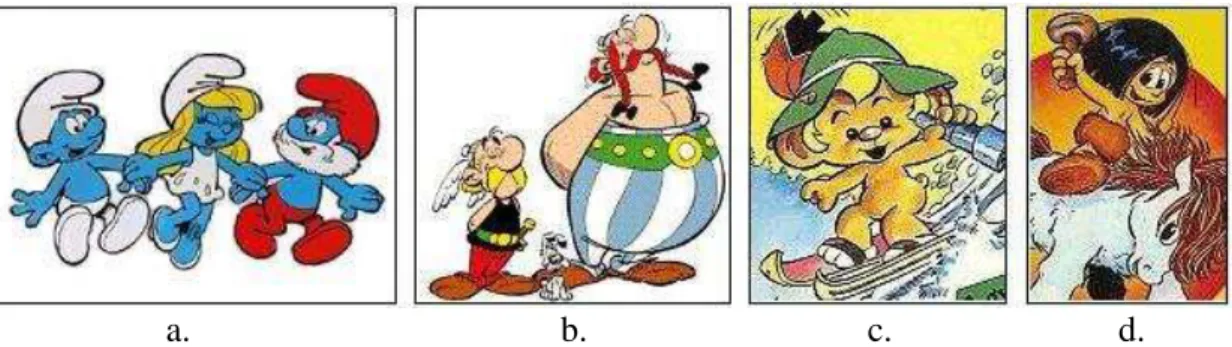 2.13. ábra: Gyerekeknek készített, európai képregények  a.) Hupikék Törpikék, b.) Asterix és Obelix, c.) Bobo, d.) Góliát 