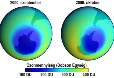 1.16. ábra. Az Antarktisz feletti „ózonlyuk” 2000 szeptember és október hónapjaiban. (NASA mérései nyomán, 2000)