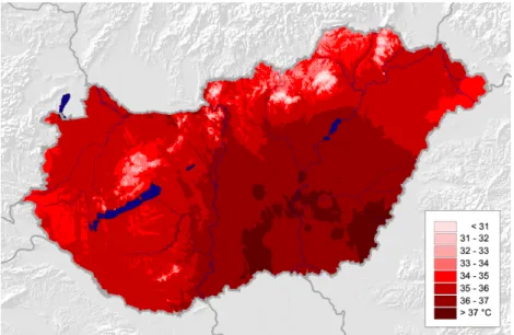 3.9. ábra. A legutóbbi tíz év éves maximumhőmérsékleteinek területi eloszlása 2000–2009 átlagában (Adatok forrása: OMSz)