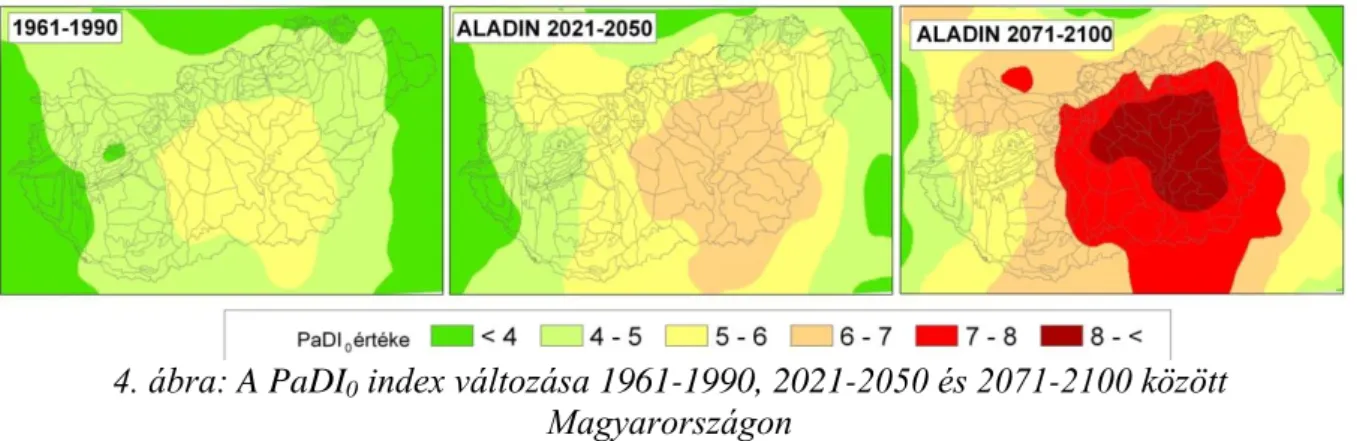 4. ábra: A PaDI 0  index változása 1961-1990, 2021-2050 és 2071-2100 között  Magyarországon 