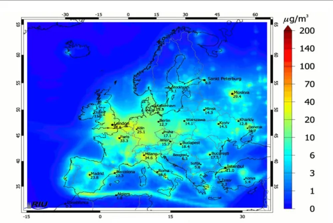 2.23. ábra: A NO 2  éves koncentrációjának térbeli eloszlása Európában  (Forrás: Rhenish Institute for Environmental Research) 