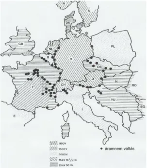 15. ábra Villamosítási rendszerek az európai országokban    Az elektronika fejlődése lehetővé tette a többáramrendszerű mozdonyok  kiala-kítását