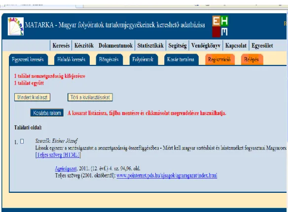 4.4. ábra: A keresési kritériumok alapján kapott találatok a MATARKA keresőben. 