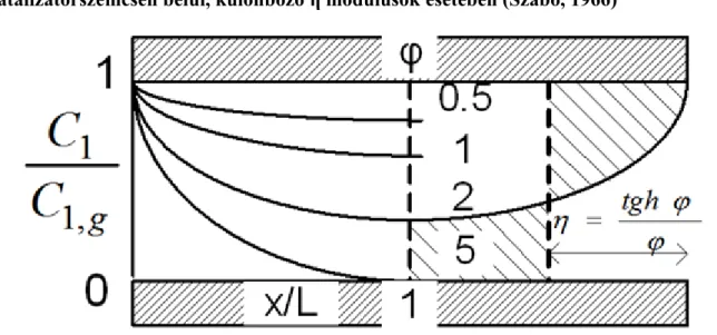 Tekintsük a kiindulási anyag koncentráció eloszlását a katalizátor szemcsén belül (1.10