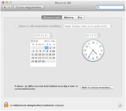 10. ábra:  A dátum és idő beállításai a rendszerbeállításokban 