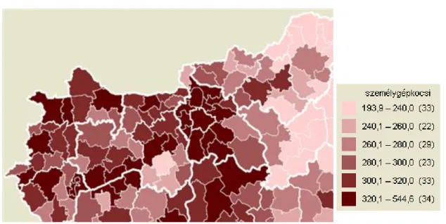 3.16. ábra. Az 1.000 lakosra jutó személygépkocsik száma kistérségenként (2008) Forrás: http://www.ksh.hu/maps/teratlas/kozl.html