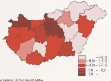 1. ábra: Ezer lakosra jutó belföldi vándorlási különbözet 2009., Forrás: Statisztikai tükör 2010/42 2)  Kartodiagram  –  A  térkép  különböző  pontjain  diagramokat  helyeznek  el,  ezzel  szemléltetve  a  mutató  nagyságát