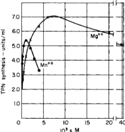 FIG. 8. Effects of Mg* +  and Mn 2 +  on the TPN-synthesizing enzyme. The  amount of purified enzyme present was 0.25 mg