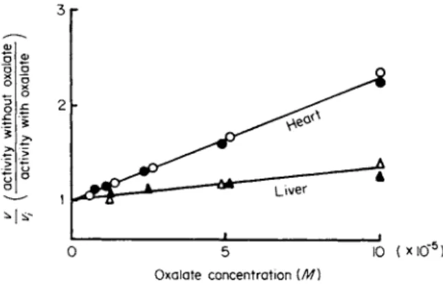 FIG. 4. Differential inhibition by oxalate of human LDH from heart and liver. 