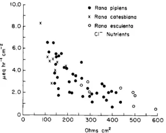 FIG. 10. The relationship between the  H +  secretory rate and transmucosal resistance of  in vitro frog gastric mucosa
