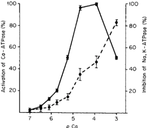 FIG. 1. Effect of calcium concentration on the activation of Ca-ATPase  ( # — φ ) and  inhibition of Na, K-ATPase  ( # — # ) in isolated erythrocyte membranes