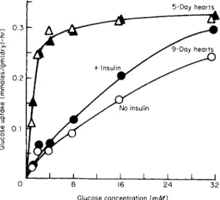 FIG. 5. The effect of glucose level, age, and insulin on the glucose uptake by chick  embryo hearts