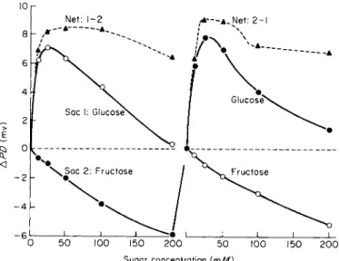 FIG. 10. Glucose- and fructose-induced transjejunal PD changes, and their ready  reversibility