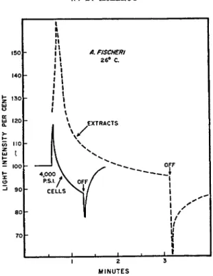FIG. 7. Effect of pressure on light emission in extracts and in cells. Pressure ap­
