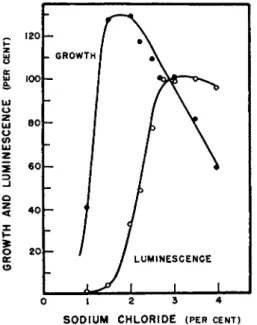 FIG. 9. Effect of sodium chloride concentration on growth and luminescence of  Achromobacter fischeri (Farghaly 1 8 )