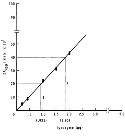 Fig. 1. Spectrophotometric method: Linear plot of egg  white lysozyme standard (\ig/assay) and &amp;A äc;n /min