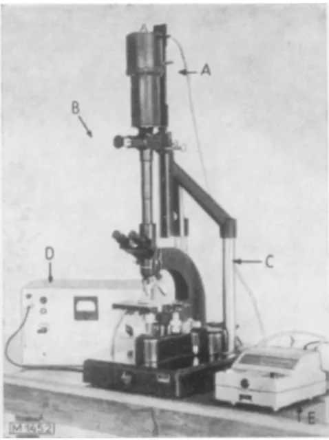 Fig. 2. Simple microspectrophotometer  according to Schiihly 9) .  A : Photomultiplier  B: Measuring device  C: Ortholux microscope  D : Powei supply  E: Galvanometer 