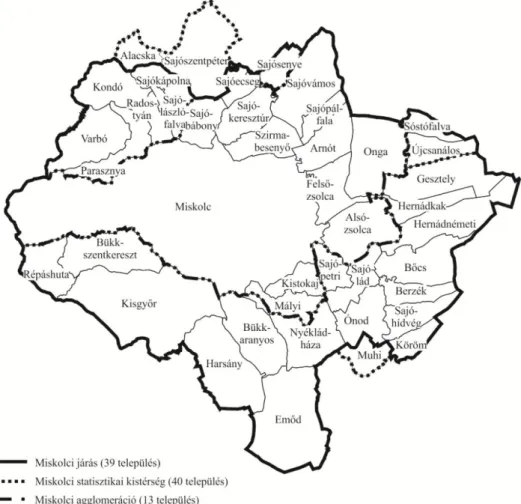 2. térkép. A miskolci szuburbia, járás és statisztikai kistérség települései 