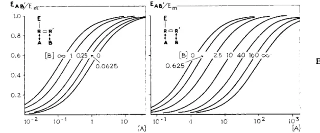 FIG. 24. A and B. Theoretical log concentration-response curves for an agonist A combined with various concentrations of a sensitizing  compound Β (Fig