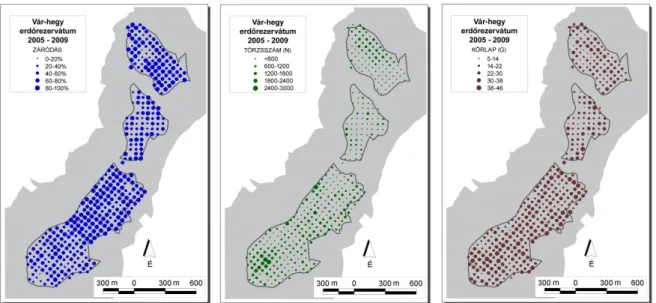 2. ábra: Záródás, hektáronkénti törzsszám (N) és hektáronkénti körlapösszeg (G)  térkép a Vár-hegy Erdőrezervátum magterületéről