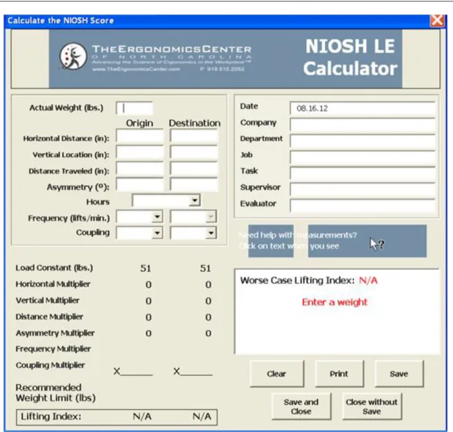 13. ábra. Példa a NIOSH-féle módosított emelési egyenlet xls megvalósítására