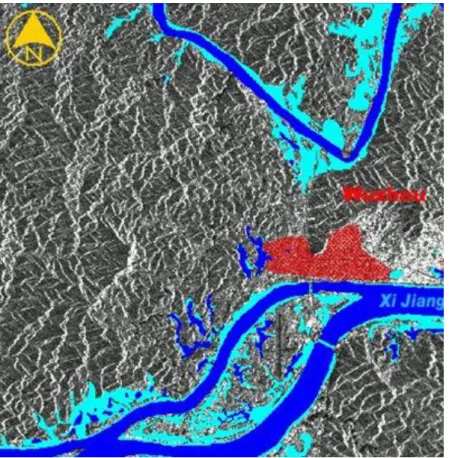 10.4  ábra:  Potenciálisan  árvízveszélyes  területek  a  Xi  Jiang  (Kína)  folyó  mentén  (sötétkék:  normál  vízszint,  világoskék: elöntött területek, piros: települések) (ESA)