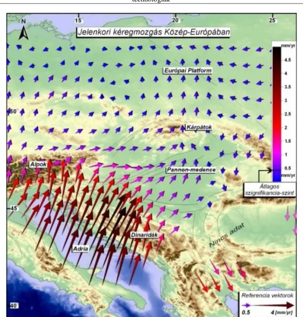 6-15. ábra. A földkéreg jelenkori mozgása Közép-Európában. Az Adria mikrolemez mozgásának (forgása a  Nyugat-Alpokban elhelyezkedő pólus körül) nagysága 5mm/és és 2,5 mm/év közötti, észak felé gyengülő.