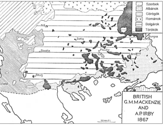 4. térkép: 1867-es brit térkép Albánia, Macedónia és Thrákia etnikai összetételéről 