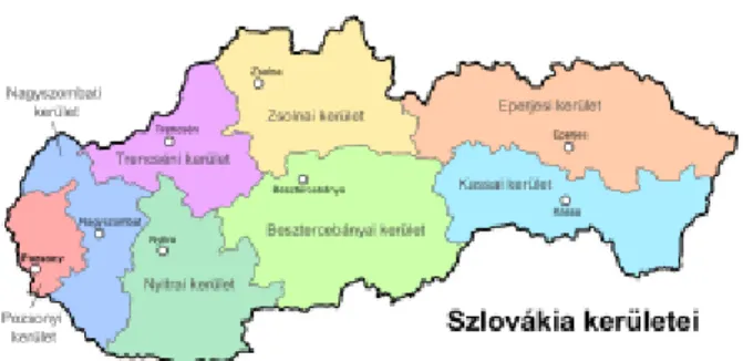 7. térkép - Szlovákia kerületei                     8. térkép - A magyar lakosság Szlovákiában 