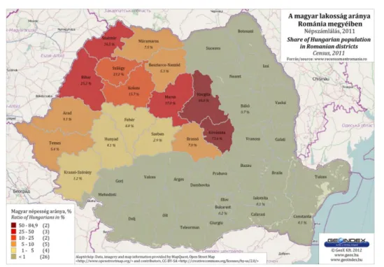                4. térkép –  A magyar lakosság aránya Románia megyéiben -  2011.  