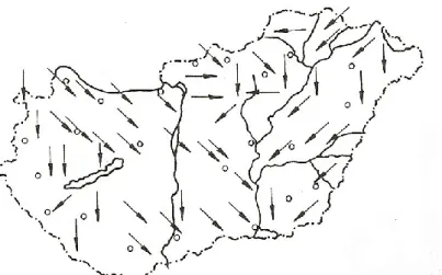 2.1. ábra: Az uralkodó szélirányok területi eloszlása Magyarországon  Forrás: Szász, 1997 