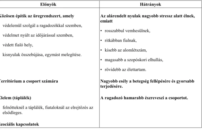 5.5. táblázat - 12. táblázat A csoportos tartás előnyei és hátrányai házinyulaknál