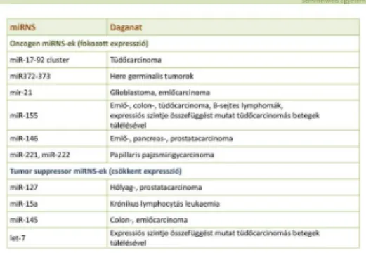 6. táblázat: Daganatos betegségekben kimutatható miRNS eltérések