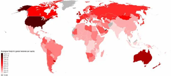 1. ábra: Az egyes országok ökológiai lábnyoma. Forrás: www.wikipedia.hu 