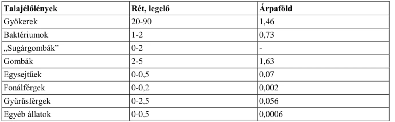 Table 2.1.  1. táblázat: Talajélőlények tömege (t/ha)  rét-legelőn és árpaföldön