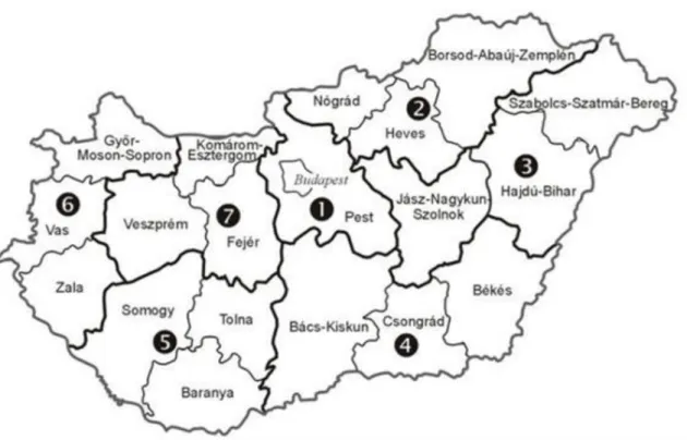 Figure 1. The counties and the NUTS 2 regions in Hungary since 1998