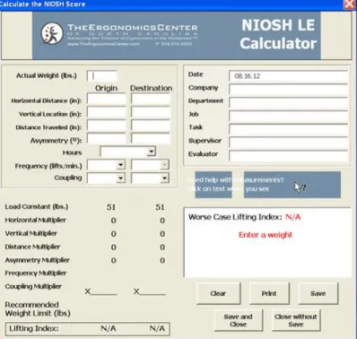 Figure 11. Example of the xls implementation of the NIOSH modified lifting equation