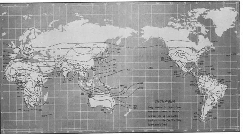 FIG. 5.3. Normal total solar and sky radiation on horizontal surface throughout the world, December