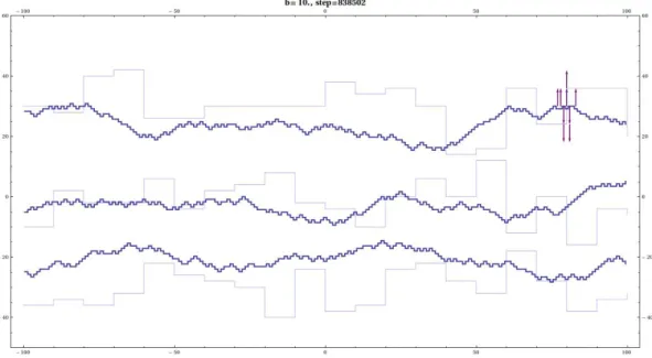 Figure 1: SCPs (purple arrows) under the attraction of the randomly growing interface (blue curve) in a 10 3 size torus, with flat initial condition after about 10 6 steps.